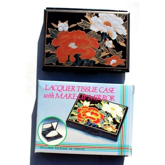 Vintage 2X Lacquer Tissue Case With Make-up Mirror 4"x 3" travel size NOS - Picture 1 of 2